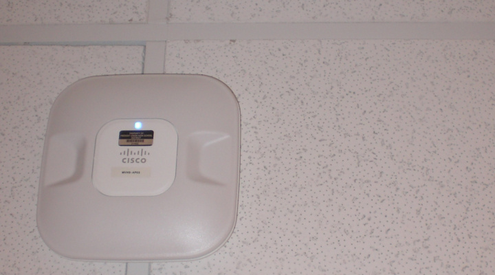 Cisco wireless hardware can be found on the ceilings of many classrooms. Installation of hardware is about 90% complete. Photo by Rachel Beyda.