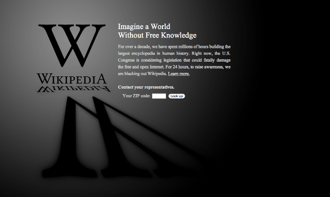 Online encyclopedia Wikipedia blacked out its website in protest of SOPA and PIPA, which were meant to prevent online privacy. However, many of SOPA and PIPA’s opponents accused its provisions as censorship and the bills were shelved on Jan. 20. Screenshot from Wikipedia. Screenshot by Karen Feng.