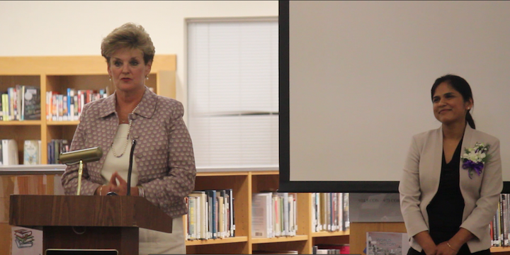 Principal April Scott speaks about science teacher Kavita Gupta’s achievements during the FUHSD Board of Trustees meeting on March 6. Gupta was awarded the Certified Employee of the Year distinction. Photo by Yaamini Venkataraman.