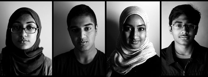 Junior Ismat Junaid, senior Arif Hasan, junior Dania Khurshid, sophomore Zuhayeer Musa: Though all from Islamic backgrounds, these four students, with religious identifications ranging from agnostic to sermon-giver, have practiced the religion to varying degrees at one time or another. Photo illustration by Christophe Haubursin.