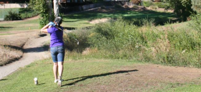 Junior Nicole Cho tees off at Hole 7 of Deep Cliff Golf Course on Sept. 7. Cho finished with a score of 62 in her first match of the season. Photo by Karen Feng.