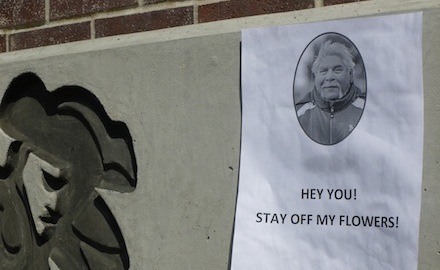 A photograph of Campus Supervisor Ruben Delgado is posted on a sign near the tennis courts, where the custodial staff has planted flowers in his memory. Delgado died March 23 of a heart attack, and students and staff have planned memorial services and other dedications. Photo by Amrutha Dorai. 