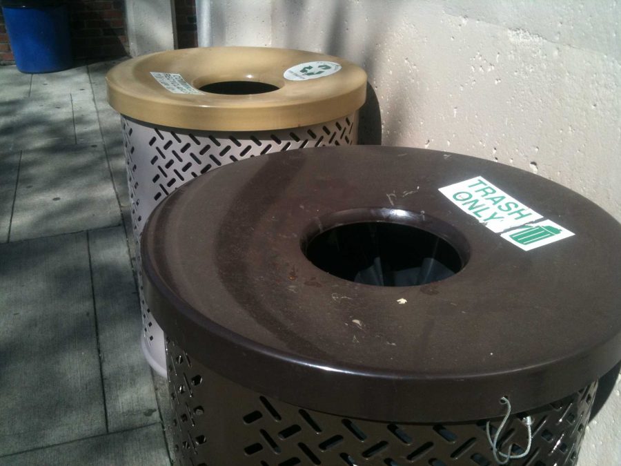 It is clearly stated that the brown bin is for trash only, and the tan bin is for recycling. Regardless, nobody seems to care except me. Photo by Athira Penghat.
