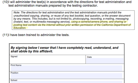 The 2012-2013 STAR Test Security Affidavit provides guidelines for how the examination should be administered. This week, a few MVHS students posted photographs of testing materials online, violating protocol. Source: Startest.org 
