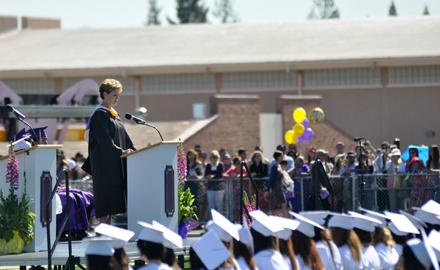 Principal April Scott speaks during the Class of 2012 graduation ceremony on June 8, 2012. This year’s baccalaureate and graduation ceremonies will happen on June 3 and 7 at the St. Jude’s church and MVHS football field respectively. Photo by Margaret Lin.
