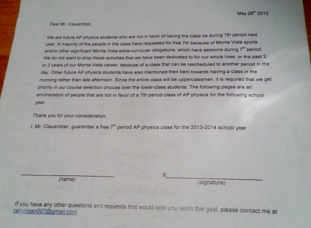 Juniors Rahul Madanahalli and Aravind Sivakumar drafted a petition to request that AP Physics be prevented from becoming a seventh period class. 27 students out of the 40 who requested AP Physics, signed the petition. Photo used with permission of Rahul Madanahalli.