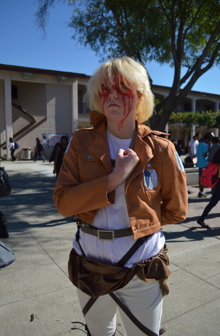 Sophomore Lara Immink poses as Armin Arlert from the popular anime and manga ‘Attack on Titan.’ Much of her costume is handmade. Photo by Kathleen Yuan.