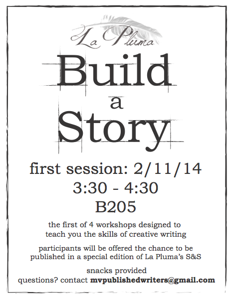The flyer for the upcoming  Build a Story workshop. Attendees will get a chance to publish their work in La Plumas upcoming S&S issue.