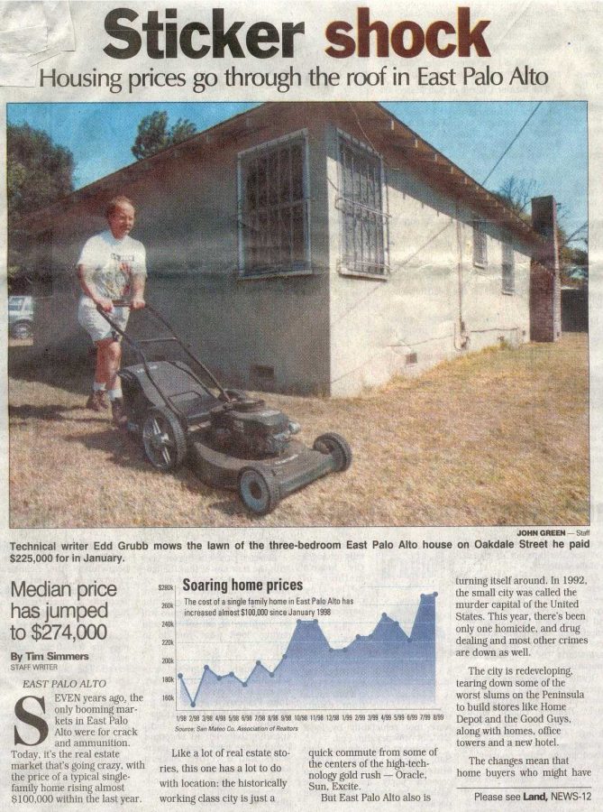 A picture of Edd Grubb mowing his lawn in the San Mateo Times. Although Martin was embarrassed about living in East Palo Alto, her husband wasnt. Used with permission by Emiliana Martin.