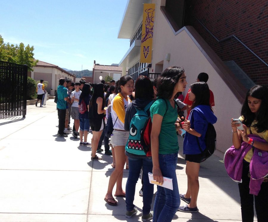  Freshmen wait in line for Running of the Bulls outside the cafeteria on Aug. 12. Some students were not aware of the location change, but overall, administration and volunteers preferred the cafeteria over the field house. Photo by Elia Chen.
