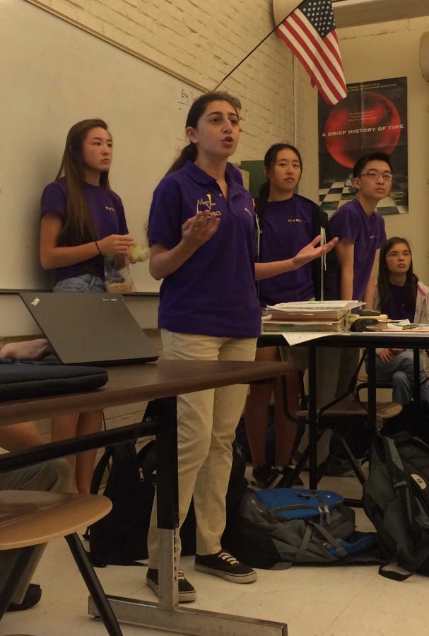 MVHS Robotics president senior Archana Kikla begins a presentation at the Robotics interest meeting at lunch on Sept. 18 in room F108. Kikla presented the team’s logistical framework as well as its mission and competitions. Photo by Pranav Parthasarathy. 