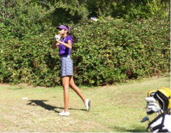 Sophomore Shriya Perati tees off on her ninth hole at Deep Cliff Golf Course on Sept. 11. Perati is playing as the first and second player for the first time, when she played as the fifth and sixth last season. Photo by Jyotsna Natarajan.
