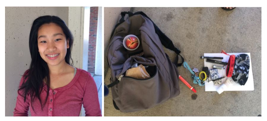 Senior Vivian Lees backpack carries a sewing kit, a screwdriver, safety pins, and a Tide stick.