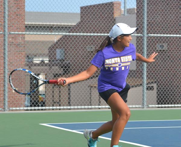 Freshman Leslie Ligier competes in a varsity tennis match. Ligier, one of three MVHS freshmen on the varsity team, is a nationally ranked tennis player.