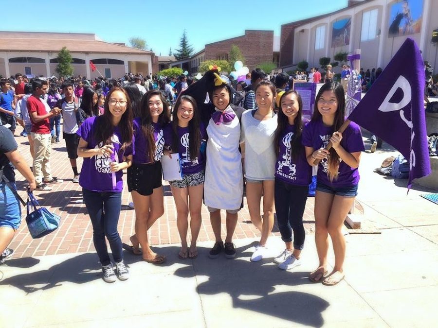 y Club officers, also known as the "penguins", are decked out in their club shirts and mascot to advertise the volunteer service club. From left: junior Esther Na, director of membership; senior Cindy Li, co-vice president; senior Heidi Wang, co-president; senior Austin Chan, public relations officer; senior Jasmine Zhang, co-vice president; senior Valerie Lo, secretary; and senior Julianna Xie, co-president.