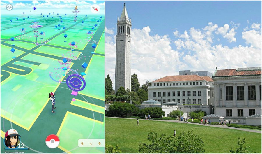 Senior Ruoyun Zheng played Pokémon Go in between breaks at her internship at Berkeley. Berkeley’s Sather Tower is a poke stop many players frequent. First photo used with permission by Ruoyun Zheng. “Creative commons UC Berkeley Tower” John Loo 