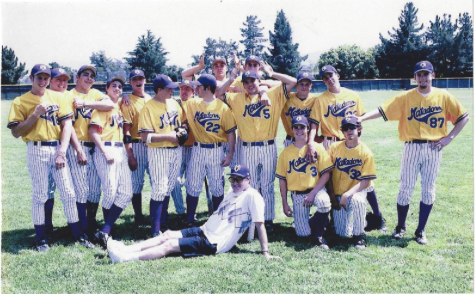 Varsity baseball coach JC Beeson poses for a goofy picture with his former MVHS baseball team.