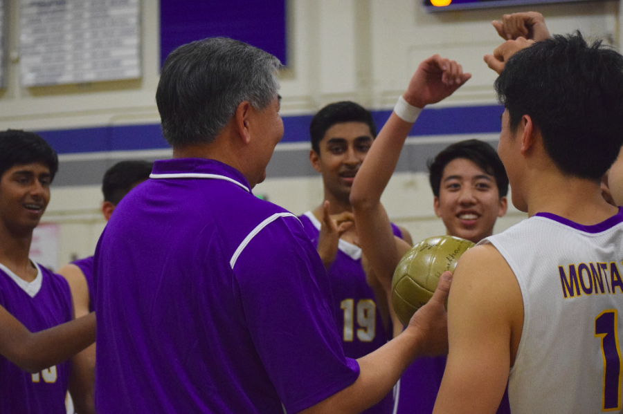 Head coach Paul Chiu accepts the tribute given to him by the boys volleyball team. This is Chius 8th season with MVHS volleyball. Photo by Rana Aghababazadeh.