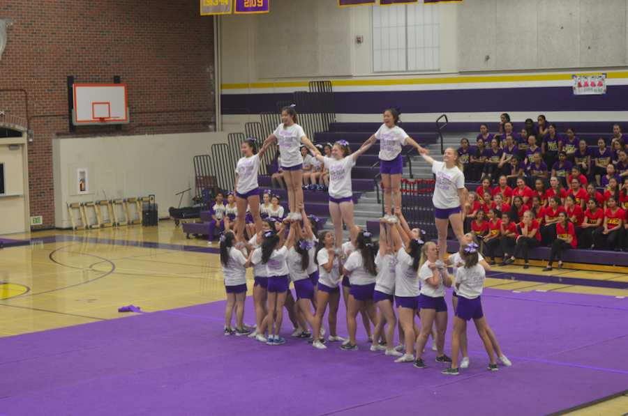 Caption: The MVHS cheer team performs during the 2017 Spring Show, pictured in the shape of an ‘M.’ Photo by Becca Zheng