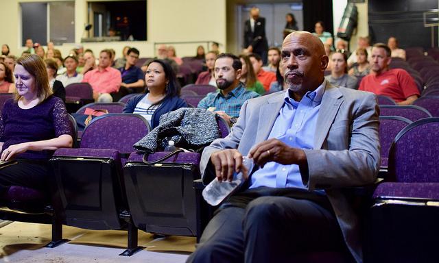 Professor Pedro Noguera listens to superintendent Polly Bove introduce him to MVHS faculty. Noguera came to MVHS by request of Polly Bove to speak on equity in the classroom. Photo by Om Khandekar. 