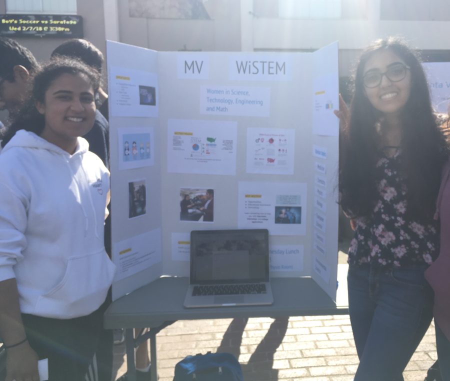 Seniors president Rakhi Banerjee and vice president Kriti Lalwani promote WiSTEM on club information day. They answered questions incoming club members had and encouraged them to sign up.