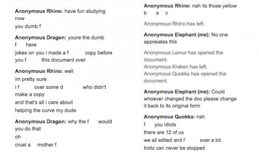 The chat in the AP Chemistry study document was riddled with obscene language and racial slurs on Jan. 15.