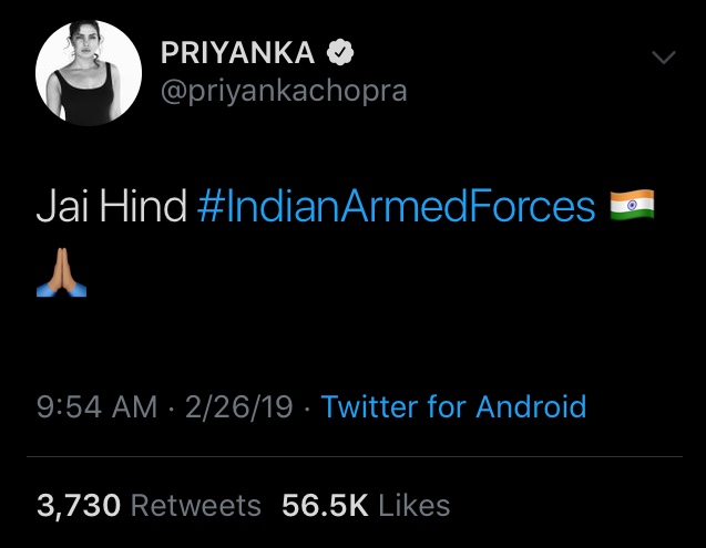 On Feb. 26, Jonas tweets Jai Hind #IndianArmedForces, expressing support for the Indian Army. “Jai Hind” is a patriotic slogan in Hindi that roughly translates to “Hail India” or “Victory to India.”