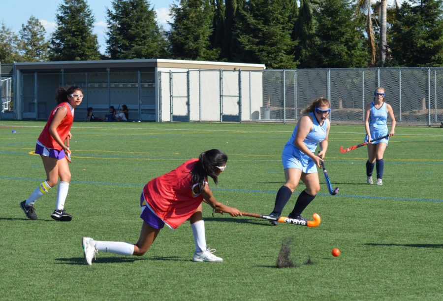 Senior Sachi Bhatkar pushes the ball towards her teammate, while VCHS defendants chase after it. The Matadors dominated offensively throughout the game. 