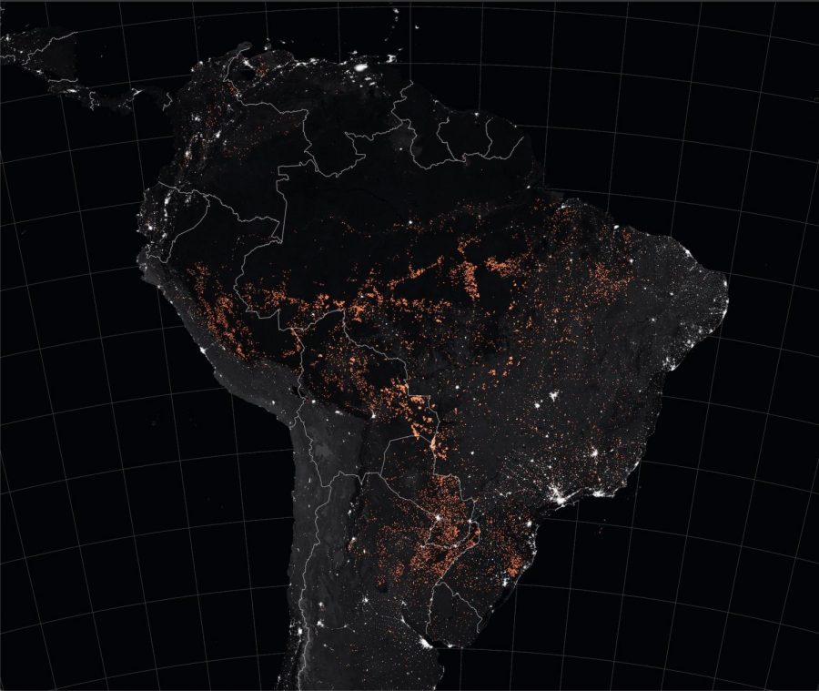 A NASA Earth Observatory image taken in August 2019 that captures the Amazon rainforests burning fires. Photo Credit: NASA Earth Observatory images by Joshua Stevens, using MODIS data from NASA EOSDIS/LANCE and GIBS/Worldview, Fire Information for Resource Management System (FIRMS) data from NASA EOSDIS, and data from the Global Fire Emissions Database (GFED)