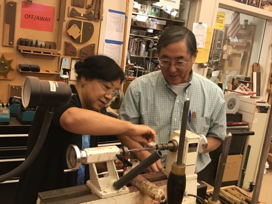 Industrial technology teacher Ted Shinta opened the woodshop for staff members to make pens.