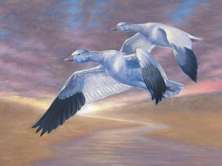 In a painting by Sophie Ye, a pair of geese fly above a river.