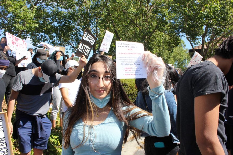One of the volunteers of the protest walk around handing out flyers to encourage those to mail letters to California Legislators.