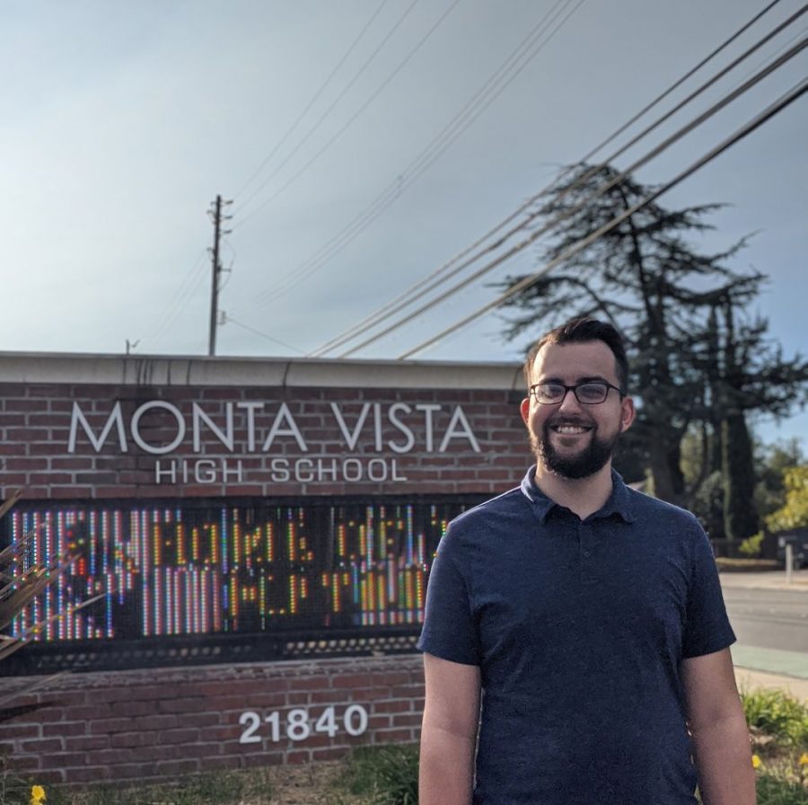 Director of Marching Band John Gilchrist stands in front of Monta Vista, beaming  //  Used with Perrmisson