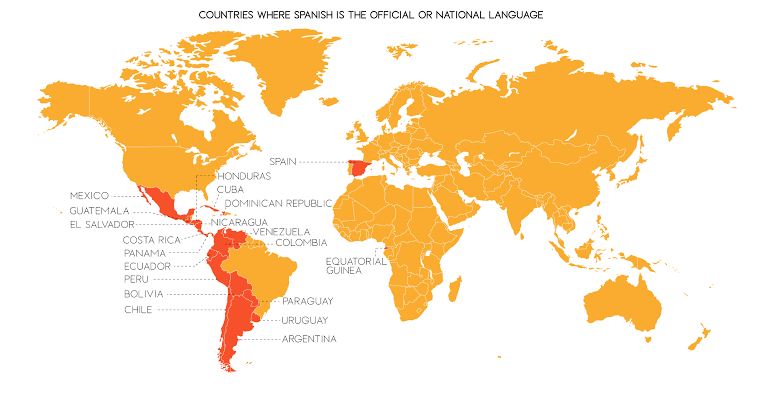 This map indicate Spanish-speaking regions of the world, where Spanish is the official language. Graphic credit | Map Handbook