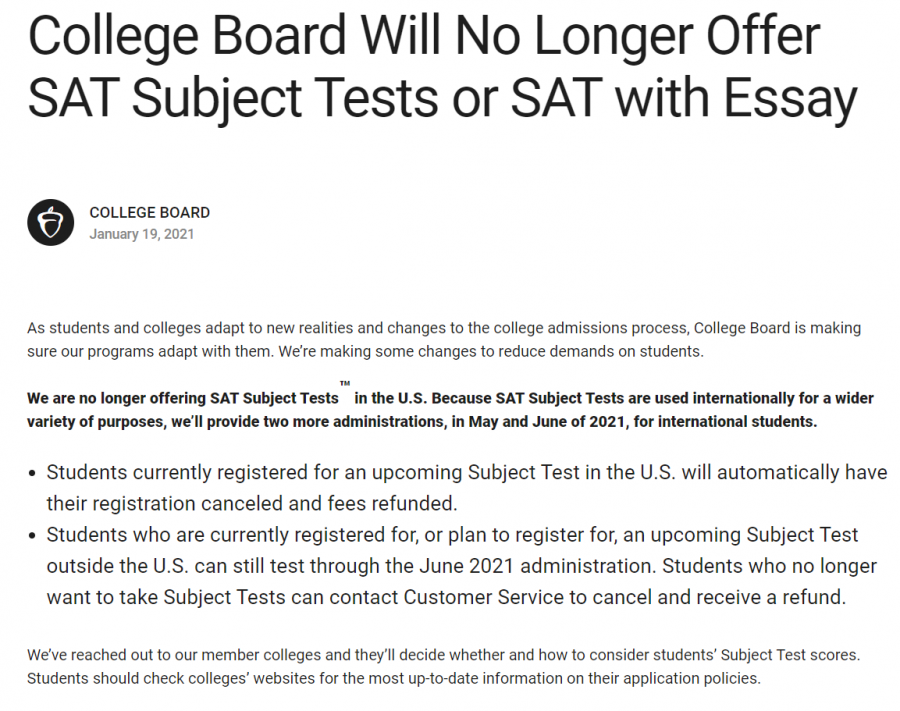 College Board cancels SAT Subject Tests and SAT optional essay El Estoque