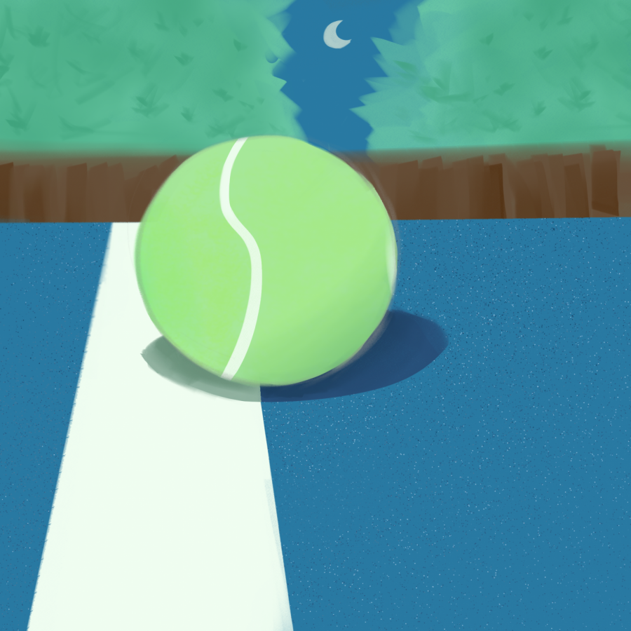 An illustration of a stray tennis ball on a tennis court