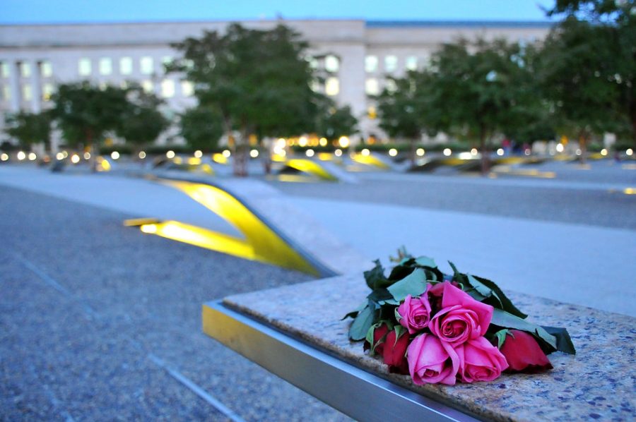 A bouquet of roses were placed in the U.S. Coast Guard Headquarters to commemorate the lives lost during 9/11. Photo by Patrick Kelley