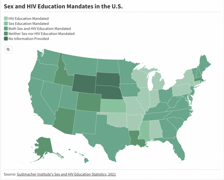 An interactive graphic made with Flourish that displays sex and HIV education mandates in the U.S.