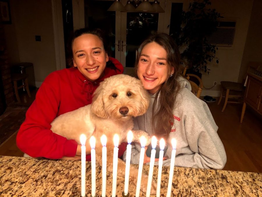 Spanish teacher Molly Guadiamos daughters and family dog on the eighth, and final, night of Hanukkah. 