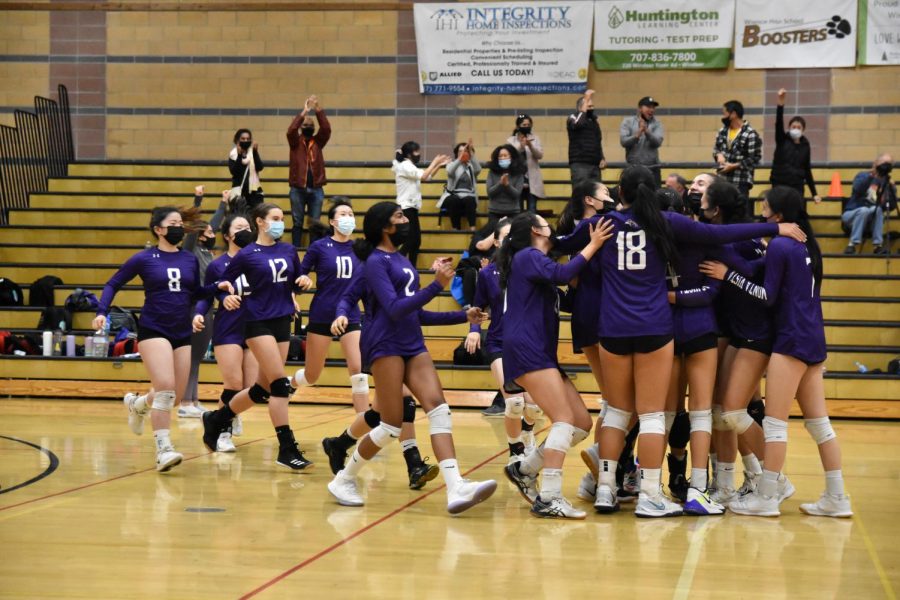 The team celebrates after defeating Windsor High School 3-1 in the first round of NorCal playoffs, during their first time ever in the tournament. Senior and captain Lia Vorthmann made the final kill of the match, giving the Matadors the win.