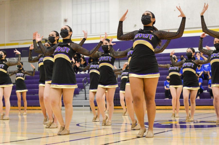 Seniors Shivani Verma and Esha Ramchurn stand in the front as MV Dance Team performs an in-sync whole team routine. Photo by Krish Dev