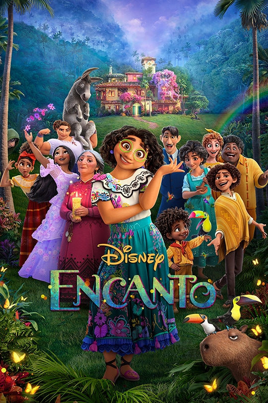 The Encanto movie poster features the Madrigal family, with Mirabel Madrigal as the focus of the picture
