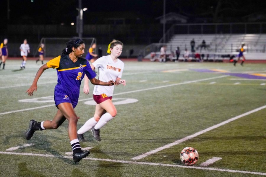 Senior and captain Jasmita Yechuri outruns a CHS opponent in pursuit of the ball.