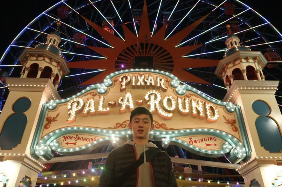Fuchia stands in front of the Pixar Pal-A-Round, which is a large tourist attraction within Disneyland. 