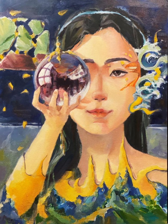 The oil painting depicts a woman wearing a dress inspired by ancient Chinese art and looking through a glass ball of industrialization.  