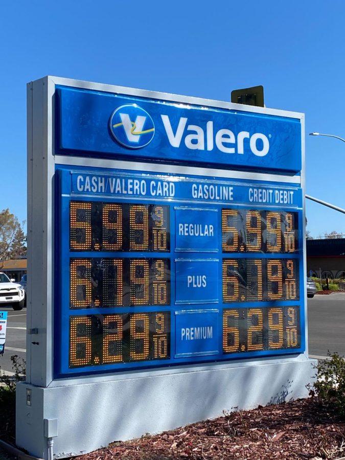 The Valero gas station on De Anza Boulevard prices almost reached $6.00 on March 12. Photo by Angela Zhang