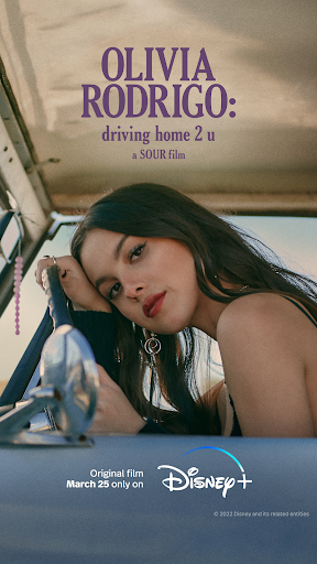 The driving home 2 u movie poster features Rodrigo leaning against a wheel, alluding to her single drivers license which jumpstarted her impressive artistic debut