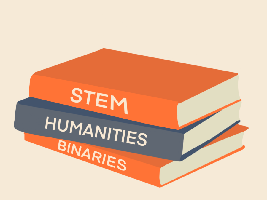 A+stack+of+books+labeled+STEM%2C+Humanities%2C+and+Binaries+%7C+Illustration+by+Kripa+Mayureshwar