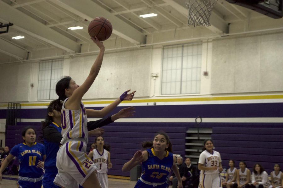 Sophomore Sophia Chen scores a lay-up during a junior varsity game against Santa Clara High School on Jan. 28, 2020. Photo by Lance Tong
