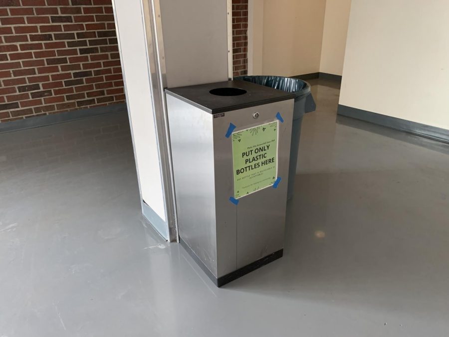 One of the two bottle recycling bins the Environmental Science implemented resides in the gym. Photo by Sophia Chen